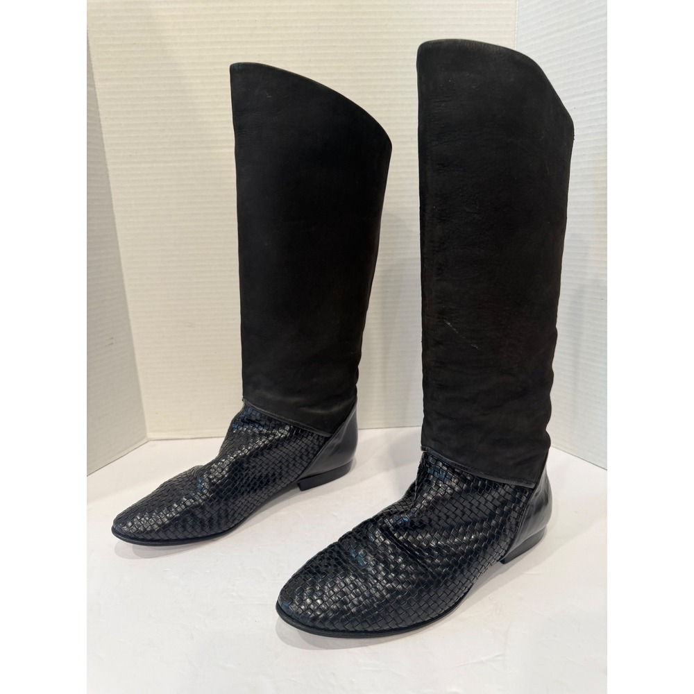 Via Spiga 8.5 Black Snakeskin Woven Leather Suede Pull On Boots